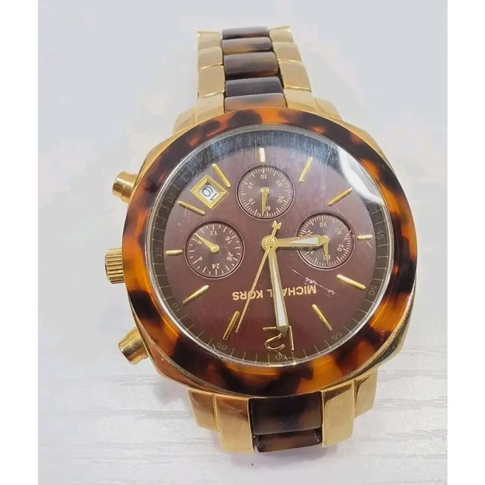Michael Kors MK5246 Women's Chronograph Gold Tone Brown Dial New Battery W281